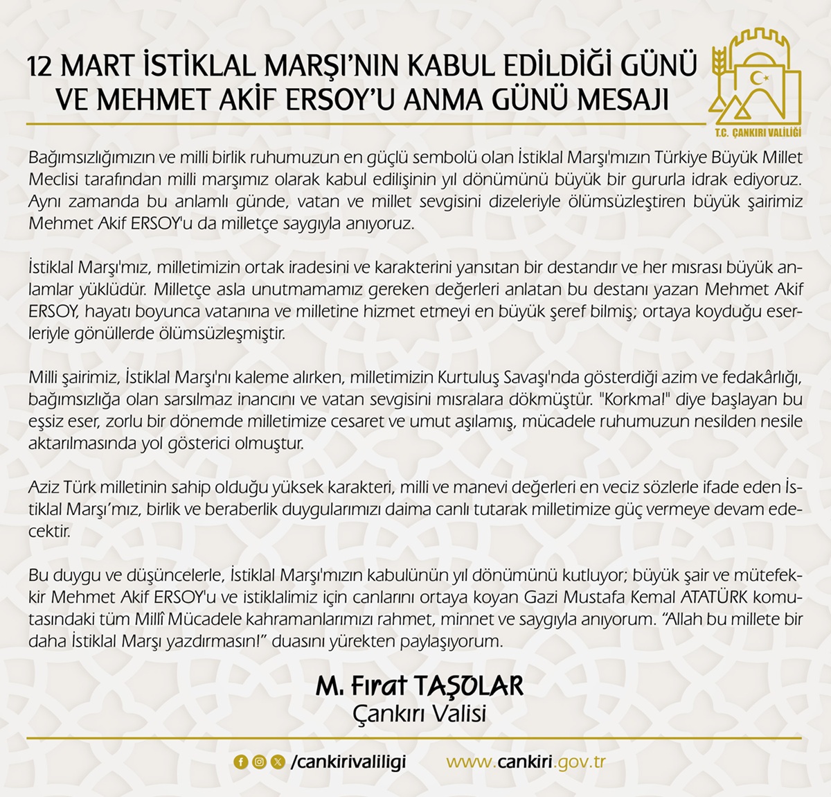 12 Mart İstiklal Marşı'nın Kabul Edildiği Günü ve Mehmet Akif Ersoy'u Anma Günü Mesajı