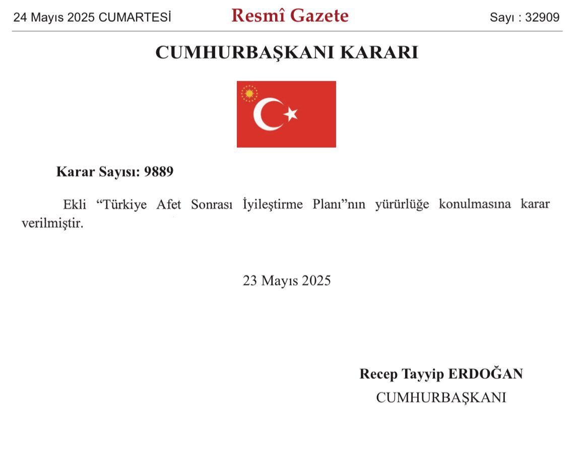 Türkiye Afet Sonrası İyileştirme Planı Yürürlüğe Girdi