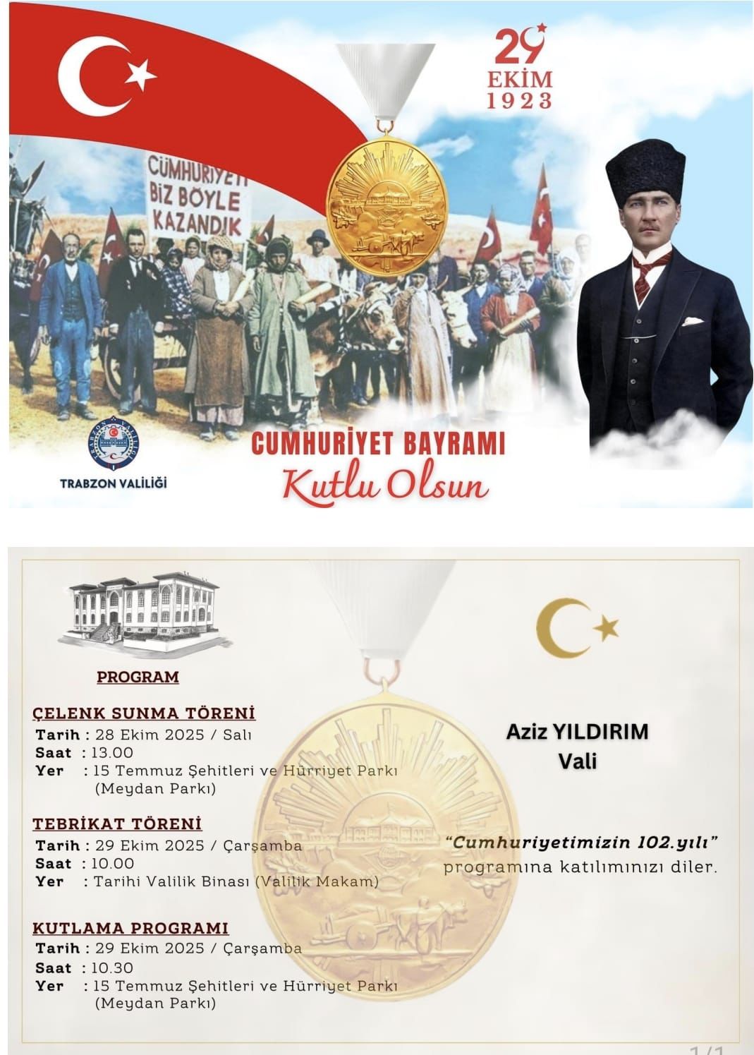 29 Ekim Cumhuriyet Bayramımızın 102. Yıl Kutlama Programı