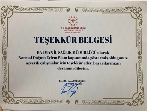 Sağlık Bakanlığından Batman İl Sağlık Müdürlüğü'ne Teşekkür Belgesi