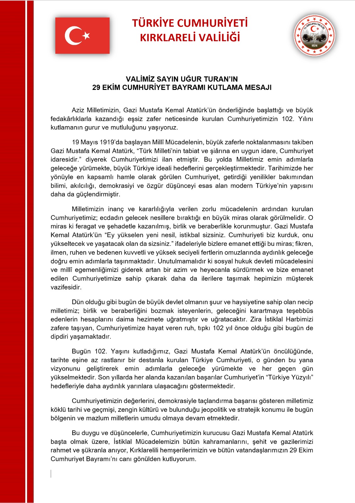 VALİMİZ SAYIN UĞUR TURAN’IN  29 EKİM CUMHURİYET BAYRAMI KUTLAMA MESAJI