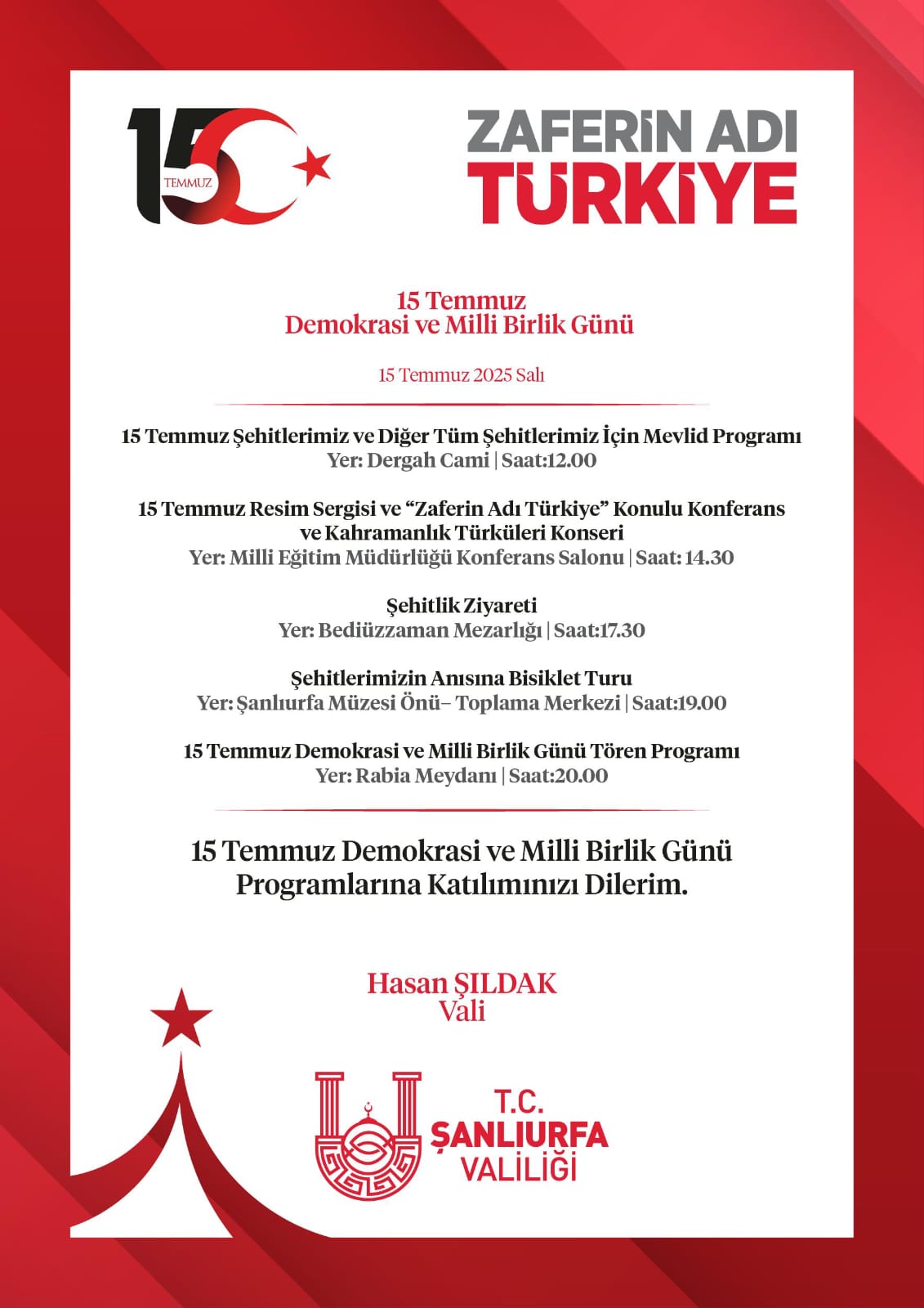Vali Şıldak Bütün Şanlıurfalıları Davet Etti