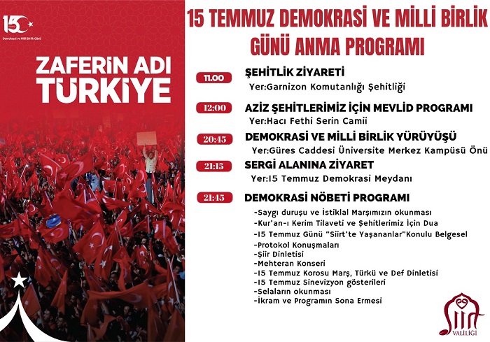 Siirt’te 15 Temmuz Demokrasi Ve Milli Birlik Günü Etkinliklerle Anılacak
