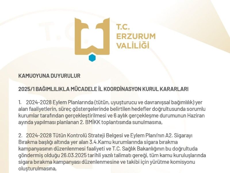Bağımlılıkla Mücadele İl Koordinasyon Kurulu 2025/1 Sayılı Kararları Açıklandı