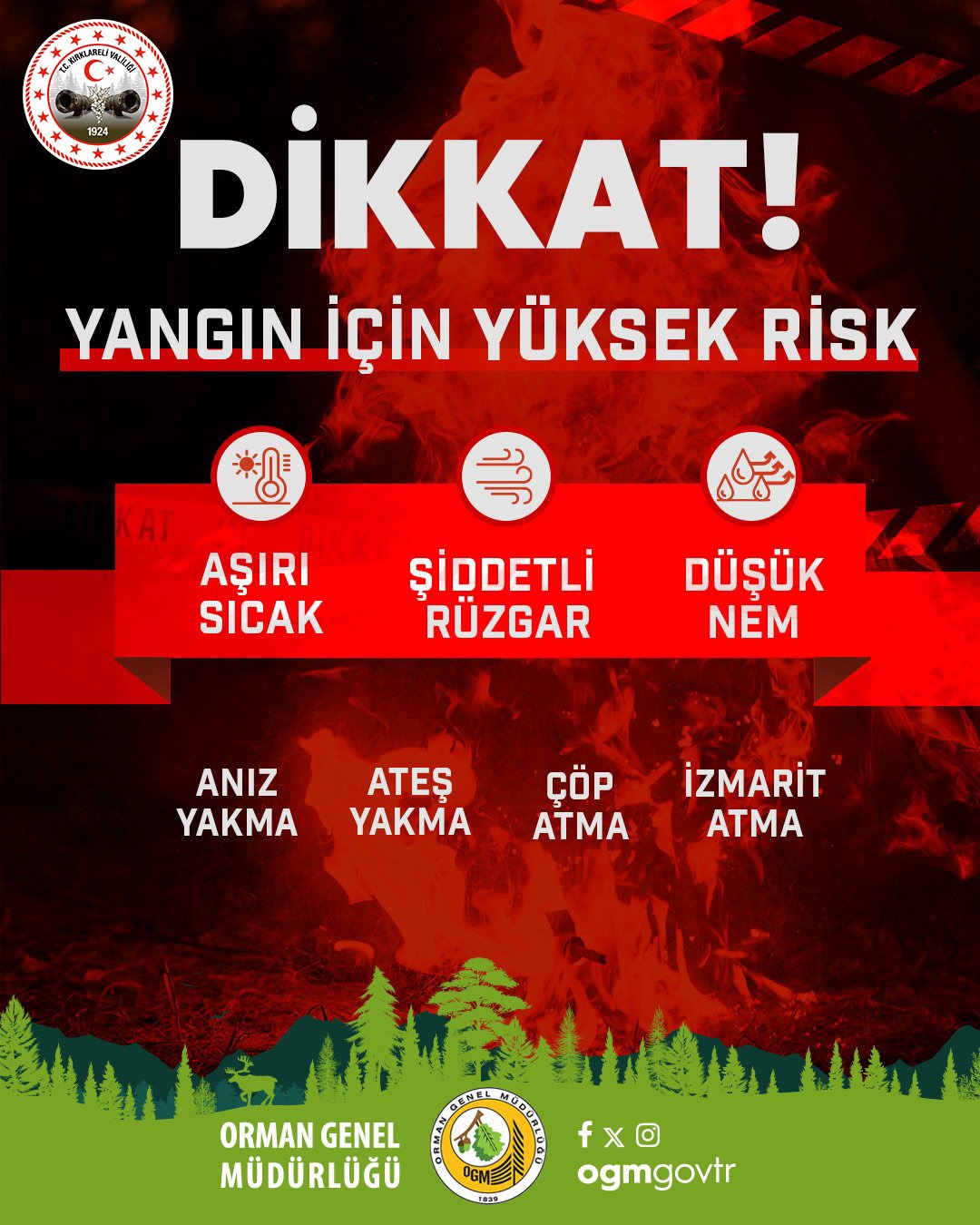 DİKKAT !!! YANGIN İÇİN YÜKSEK RİSK...
