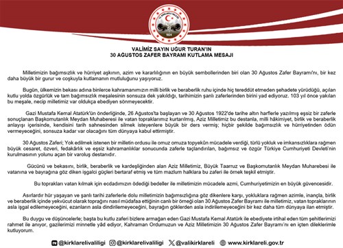 VALİMİZ SAYIN UĞUR TURAN’IN 30 AĞUSTOS ZAFER BAYRAMI KUTLAMA MESAJI