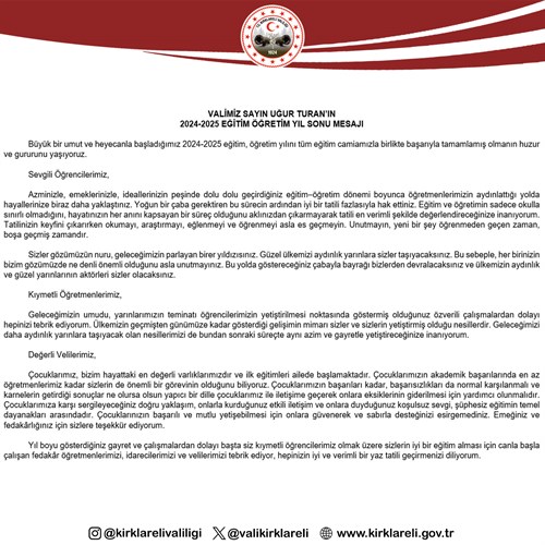 VALİMİZ SAYIN UĞUR TURAN’IN 2024-2025 EĞİTİM ÖĞRETİM YIL SONU MESAJI